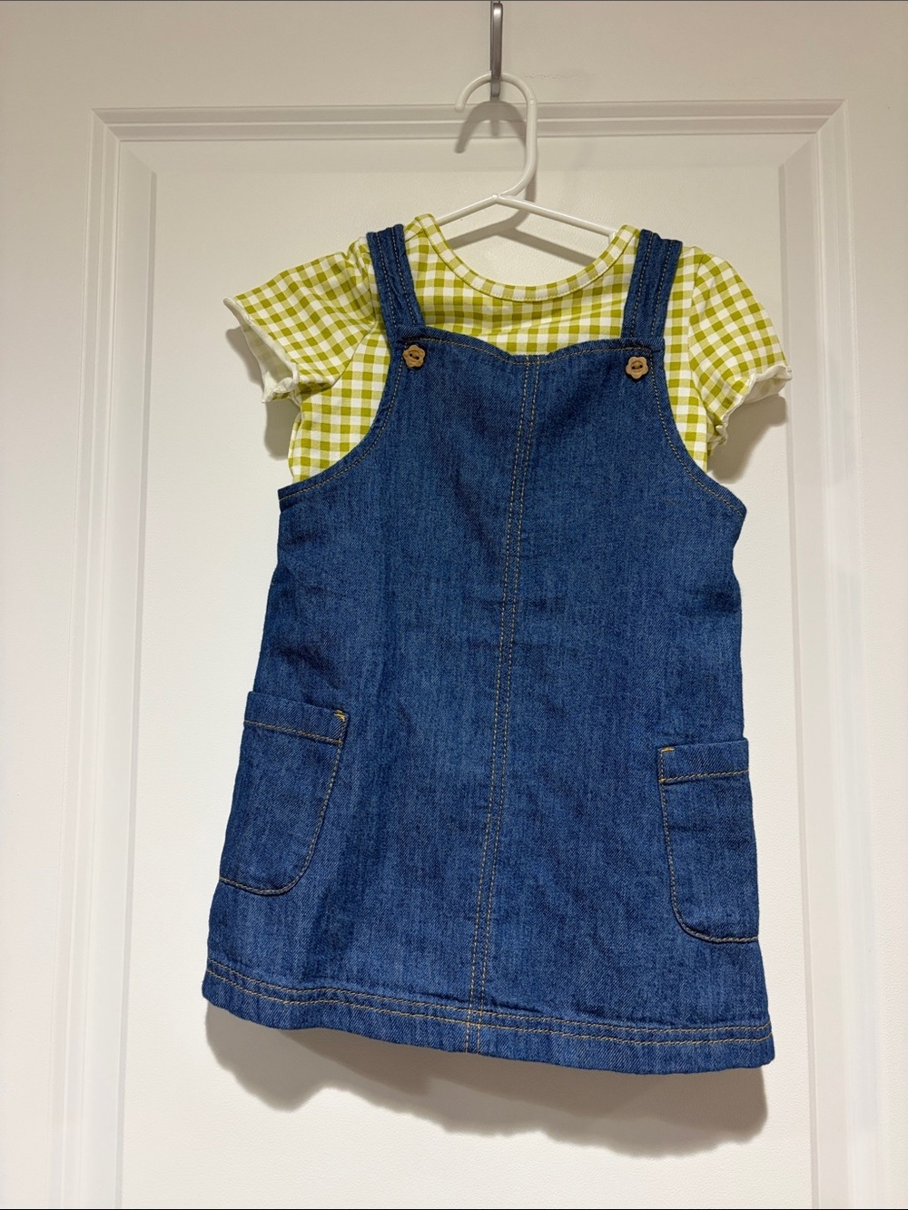 Denim Pinafore Dress with Green Gingham Tee - Kids
